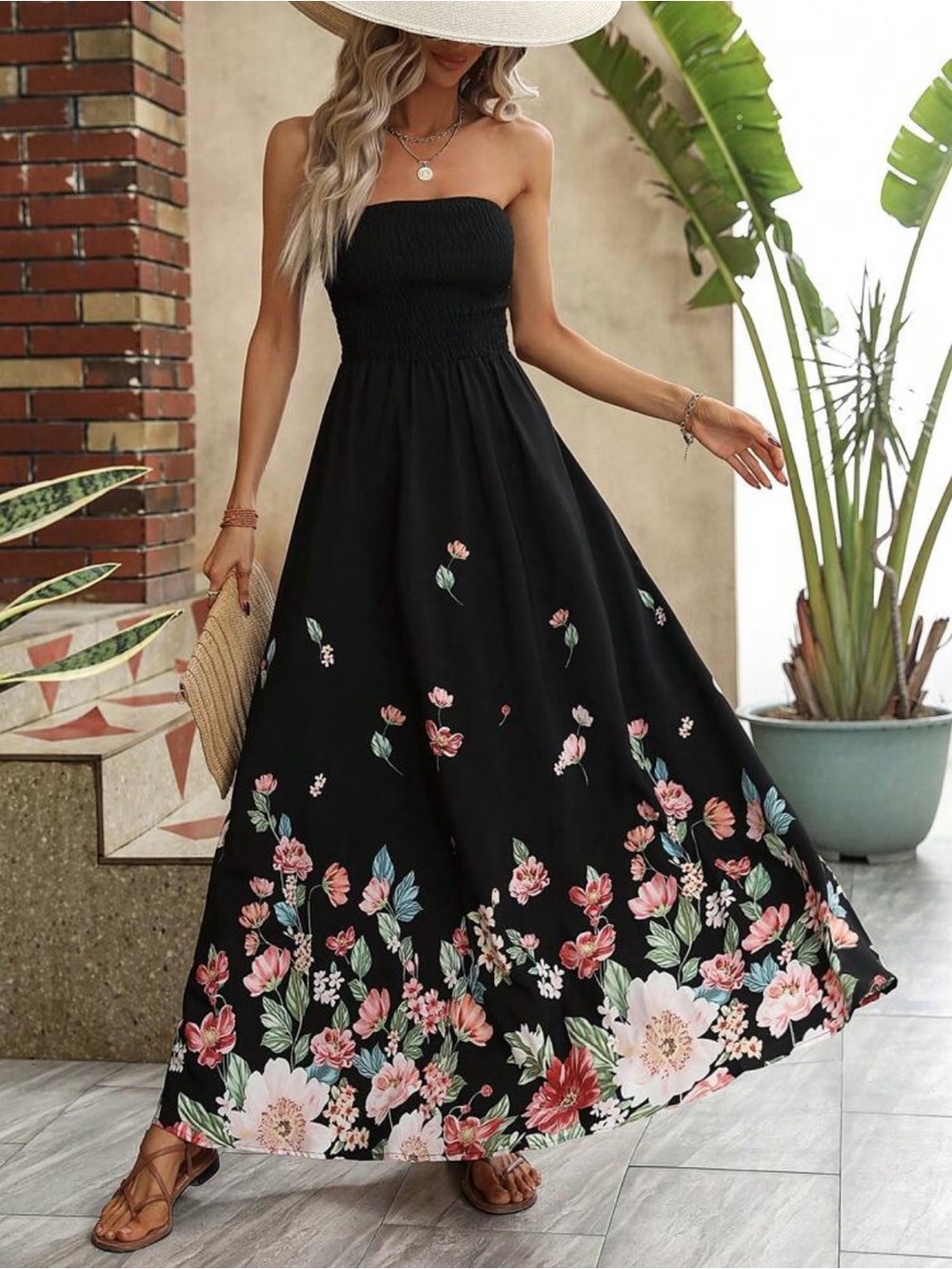 SHEIN Floral flowy strapless tube top black maxi dress with smocking, NWOT, sz L